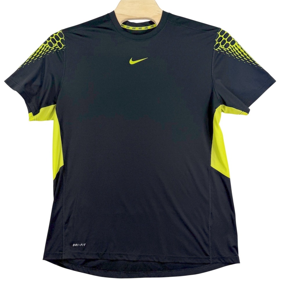Nike Dri-FIT Training Shirt Mens XL Black Volt Yellow Graphic Mesh Side Panels